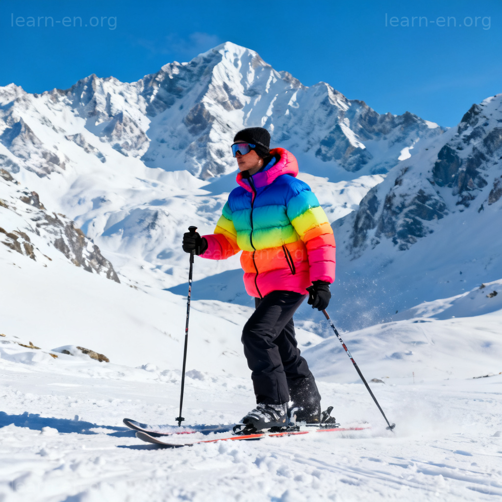 Ski Jacket 滑雪夹克图解：穿着鲜艳蓬松夹克的人在雪地场景