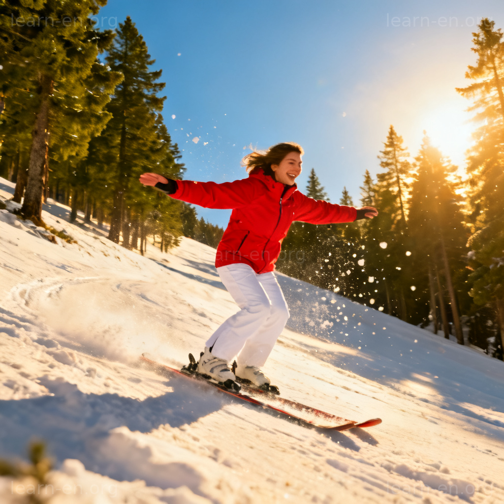 Skiing 滑雪图解：滑雪者从阳光下的雪坡滑下，周围有松树