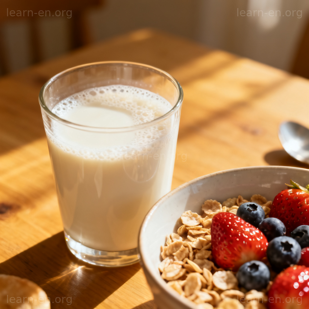 Soy Milk 豆浆图解：早餐桌上的玻璃杯豆浆与麦片水果