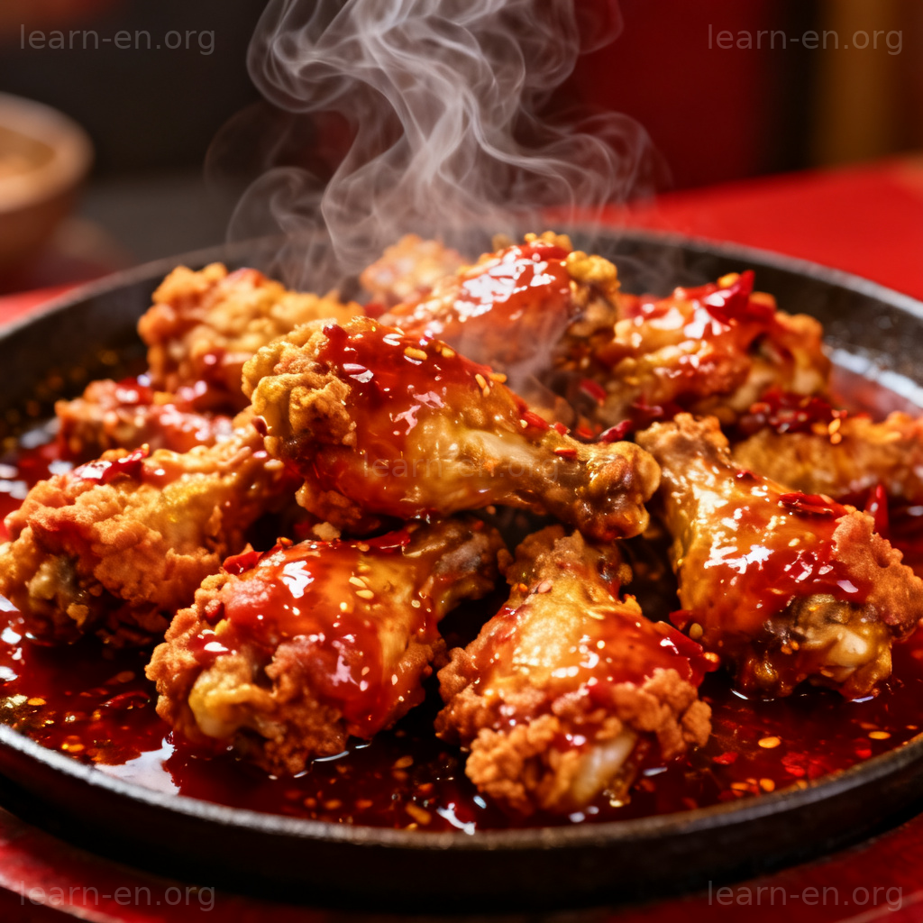 Spicy Chicken 图解：一盘裹着鲜红香辣酱汁的酥脆炸鸡