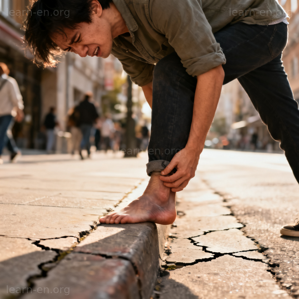 sprain my ankle 图解：人物踩空扭伤脚踝，表情痛苦，脚踝肿胀场景