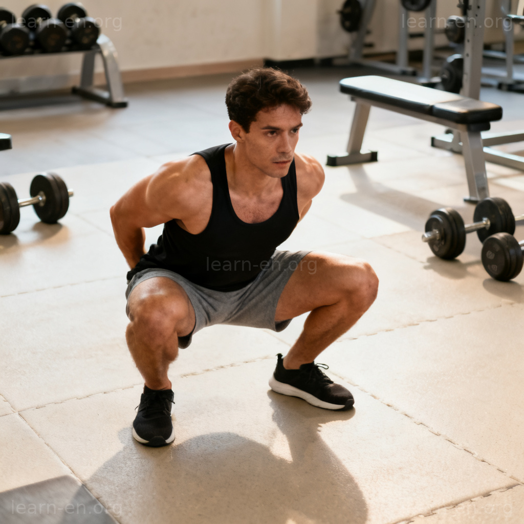 Squat 图解：健身房中人物标准深蹲动作示范