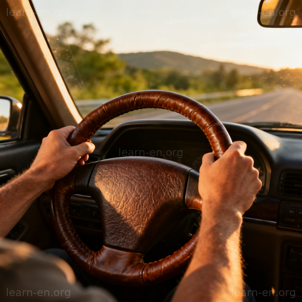 Steering Wheel 方向盘图解：驾驶员手握皮革方向盘，前方道路场景