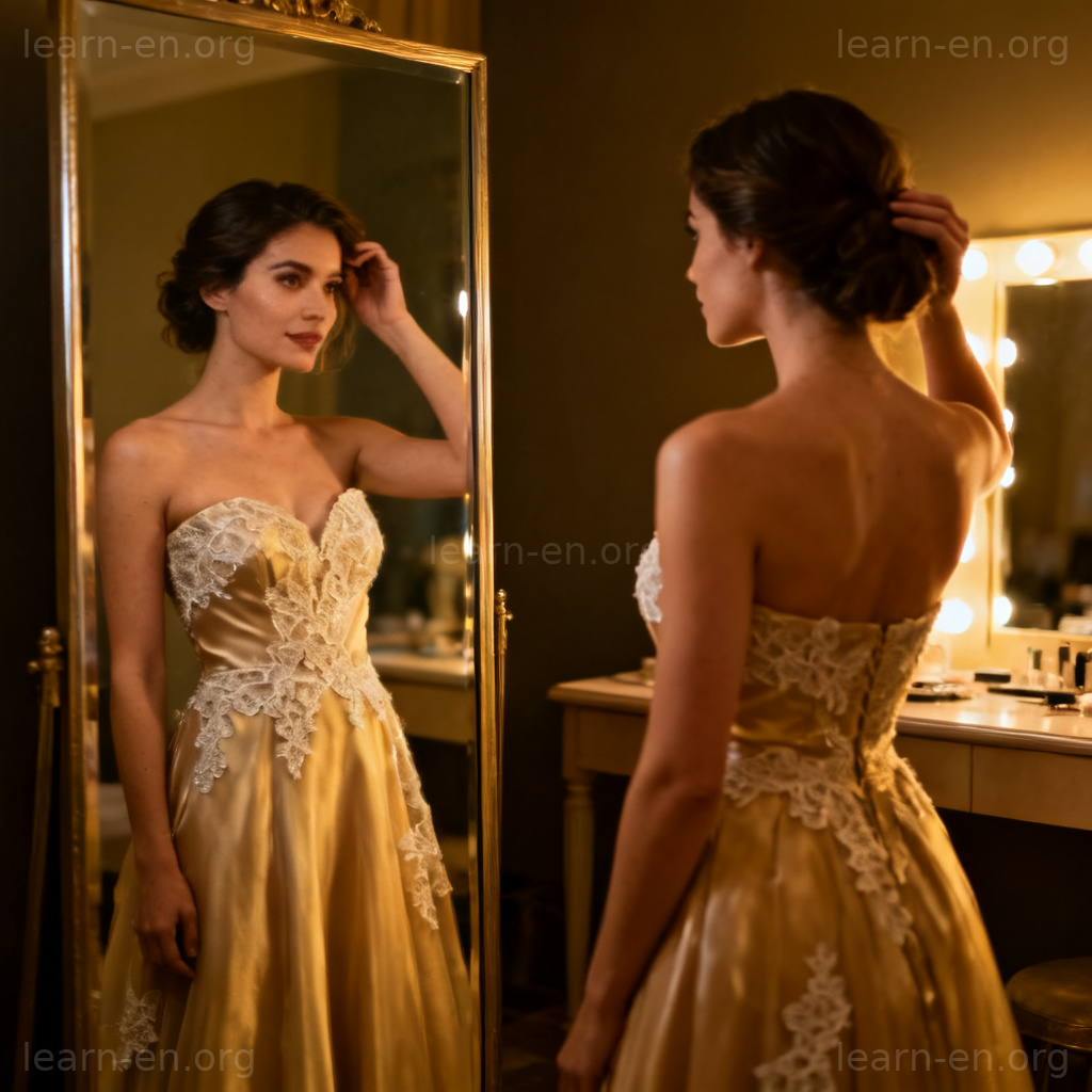 Strapless Dress 无肩带连衣裙图解：优雅女性在镜前整理造型