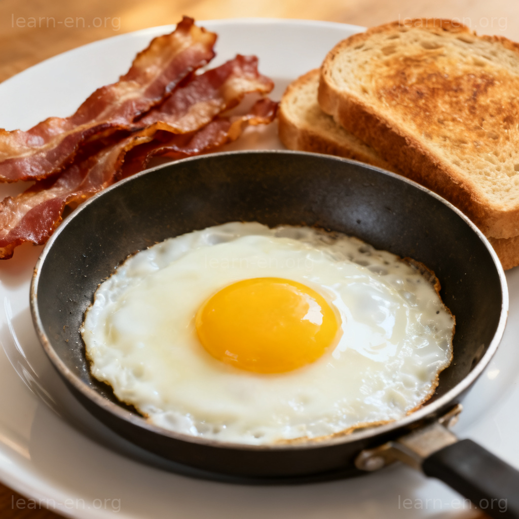 Sunny-side Up 单面煎蛋图解：蛋黄完整液态，搭配培根吐司