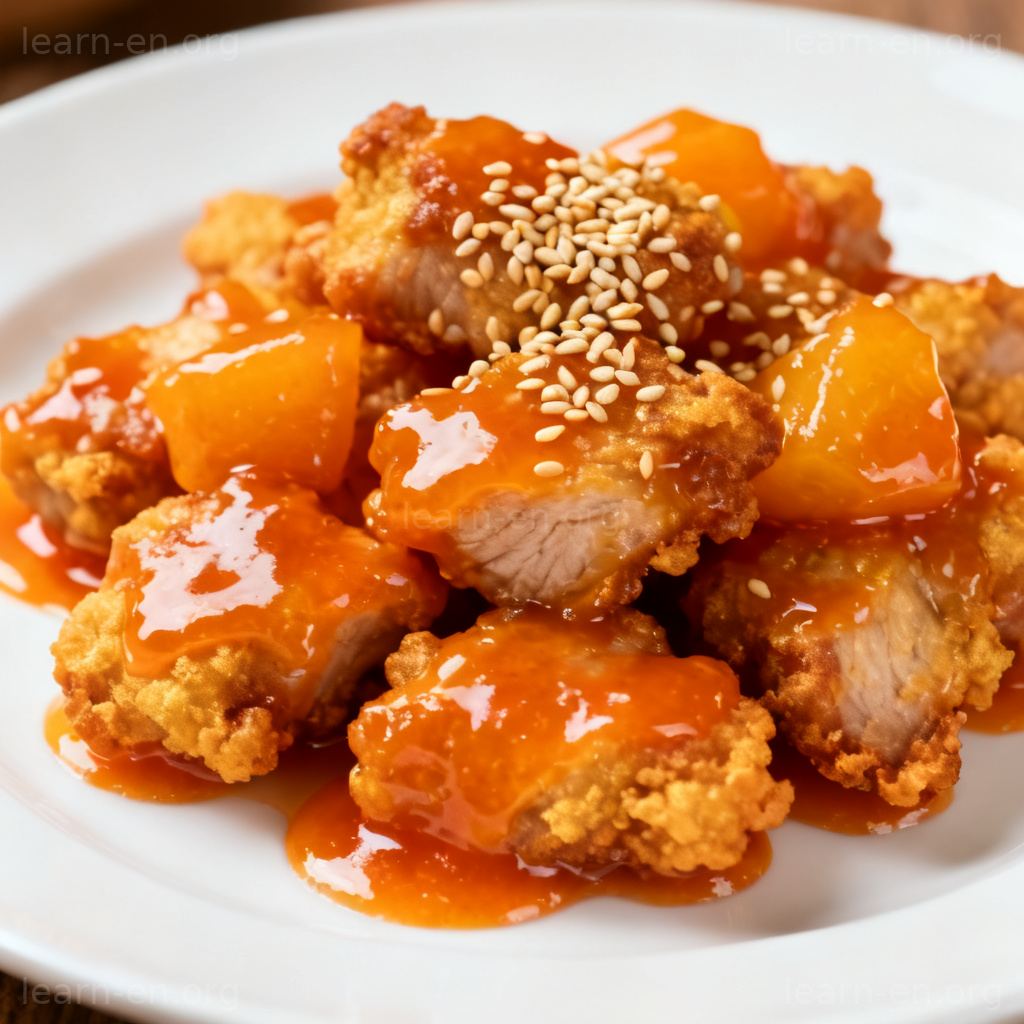 糖醋里脊 Sweet and Sour Pork 图解：金黄酥脆的猪肉裹着亮橙色酱汁