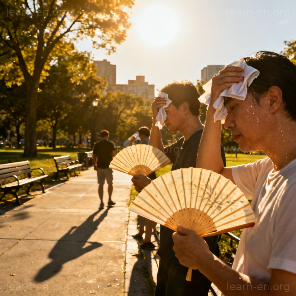 Sweltering 图解：烈日下人们在公园扇风擦汗的酷热场景