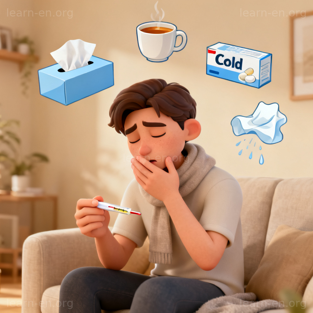 Symptoms 症状图解：一人居家测量体温、咳嗽，伴有感冒常见体征图标