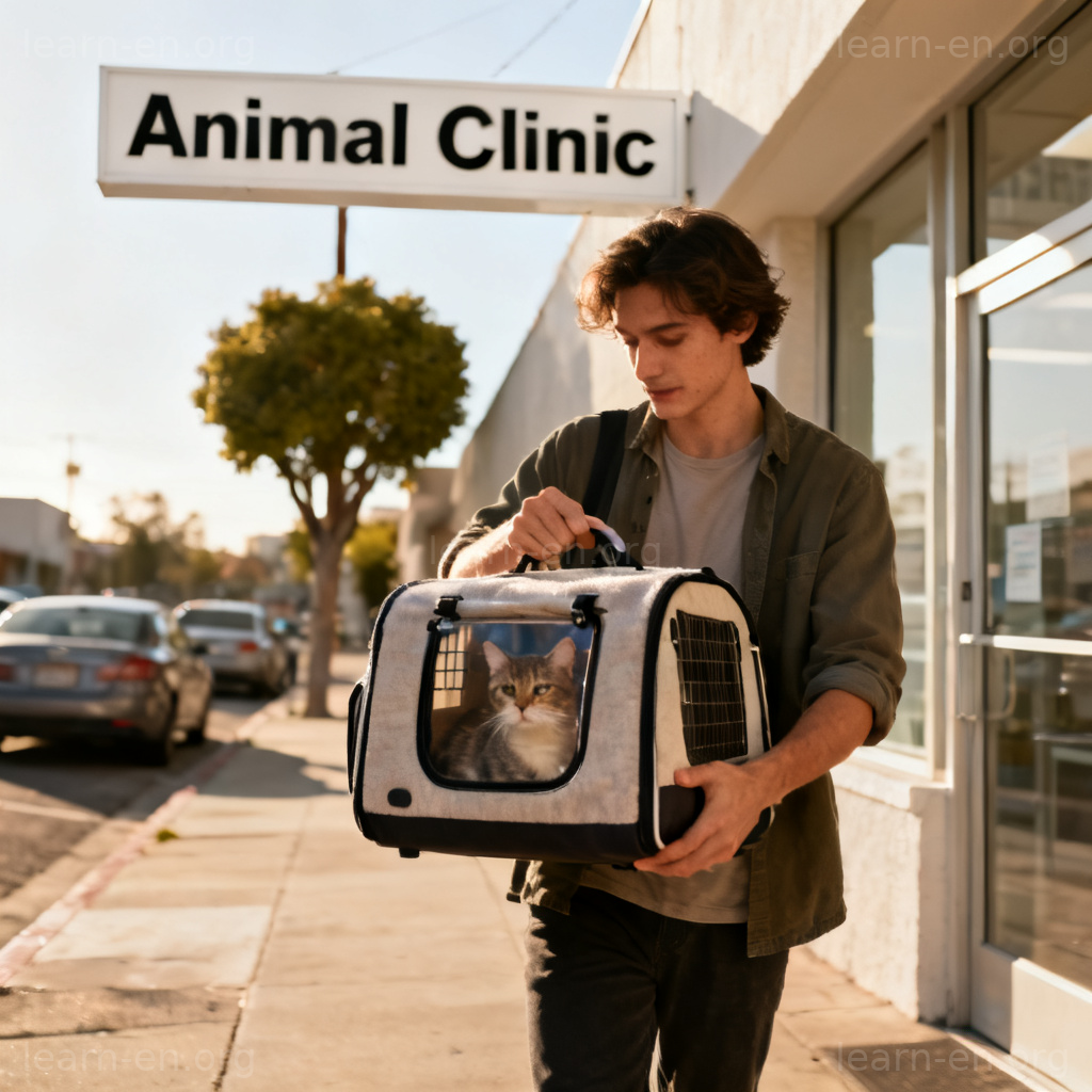 Take to the vet 图解：主人携带猫包前往动物诊所的场景