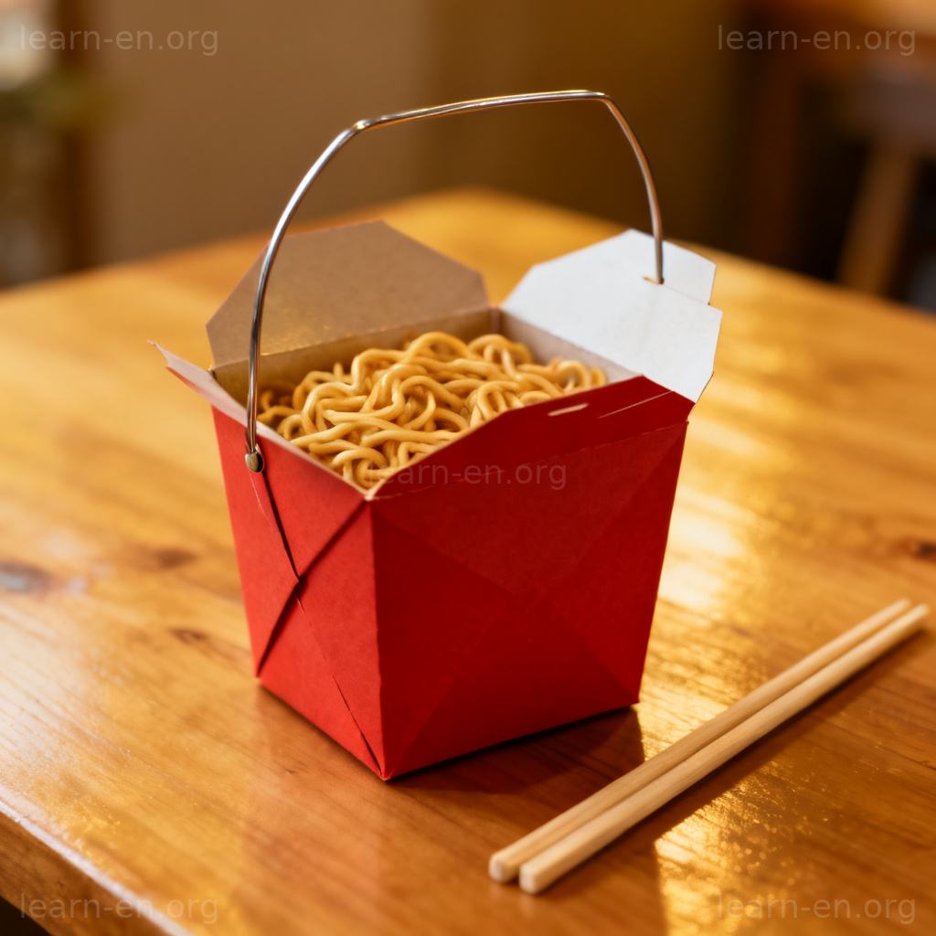 Takeout box 图解：装有面条和筷子的红色纸质外卖盒