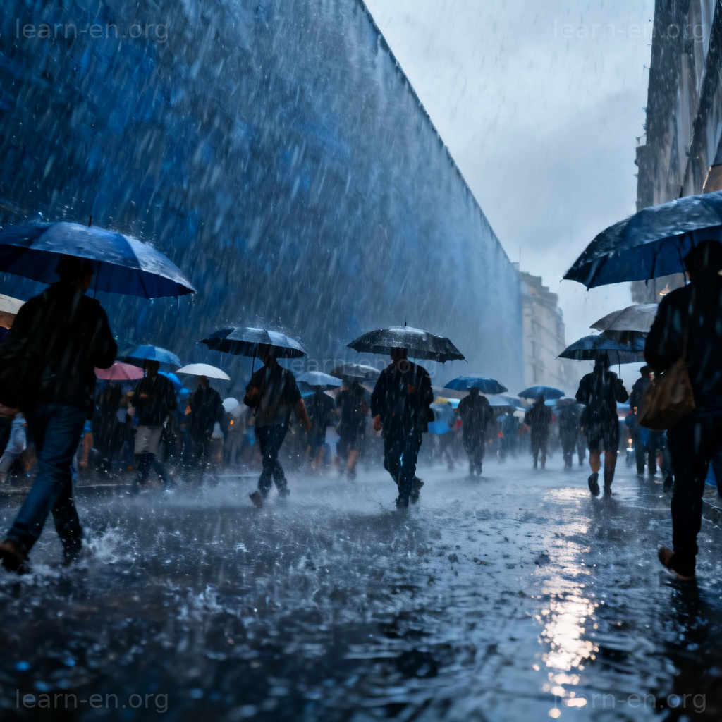 Torrential Rain 倾盆大雨场景图解：街道积水行人撑伞难行