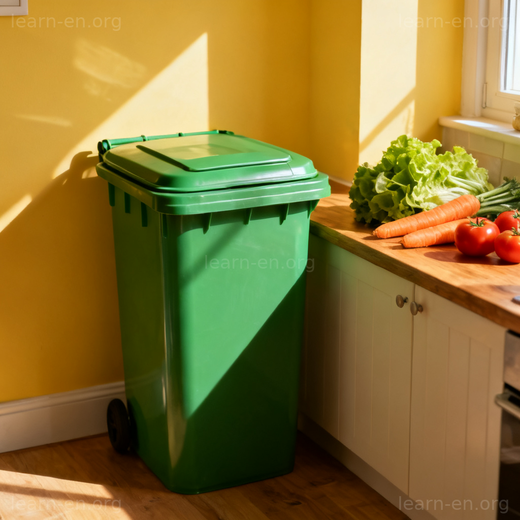 Trash Can 图解：阳光厨房中带盖的绿色塑料垃圾桶