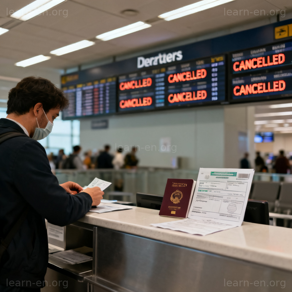 Travel Restrictions 图解：机场航班取消屏与健康文件检查场景