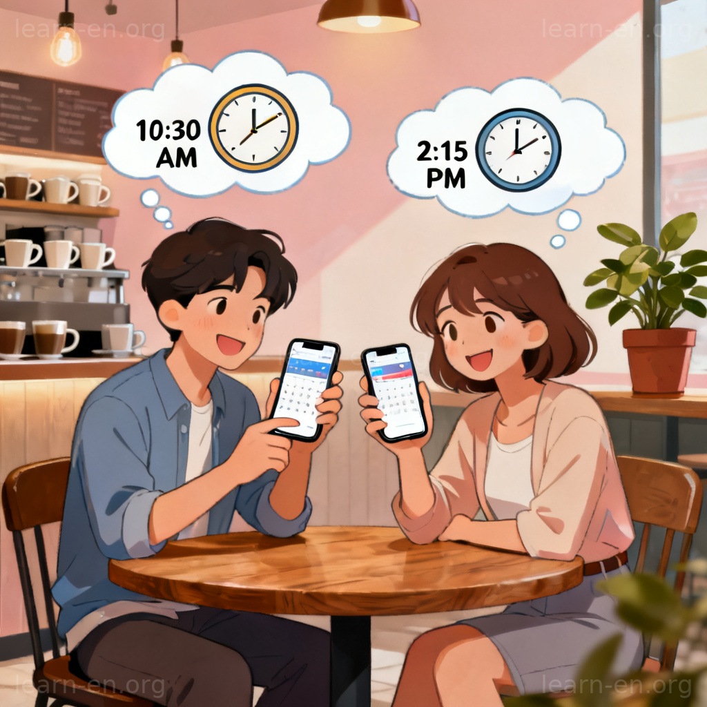 What time works for you 含义图解：两人在咖啡馆查看日程商量时间