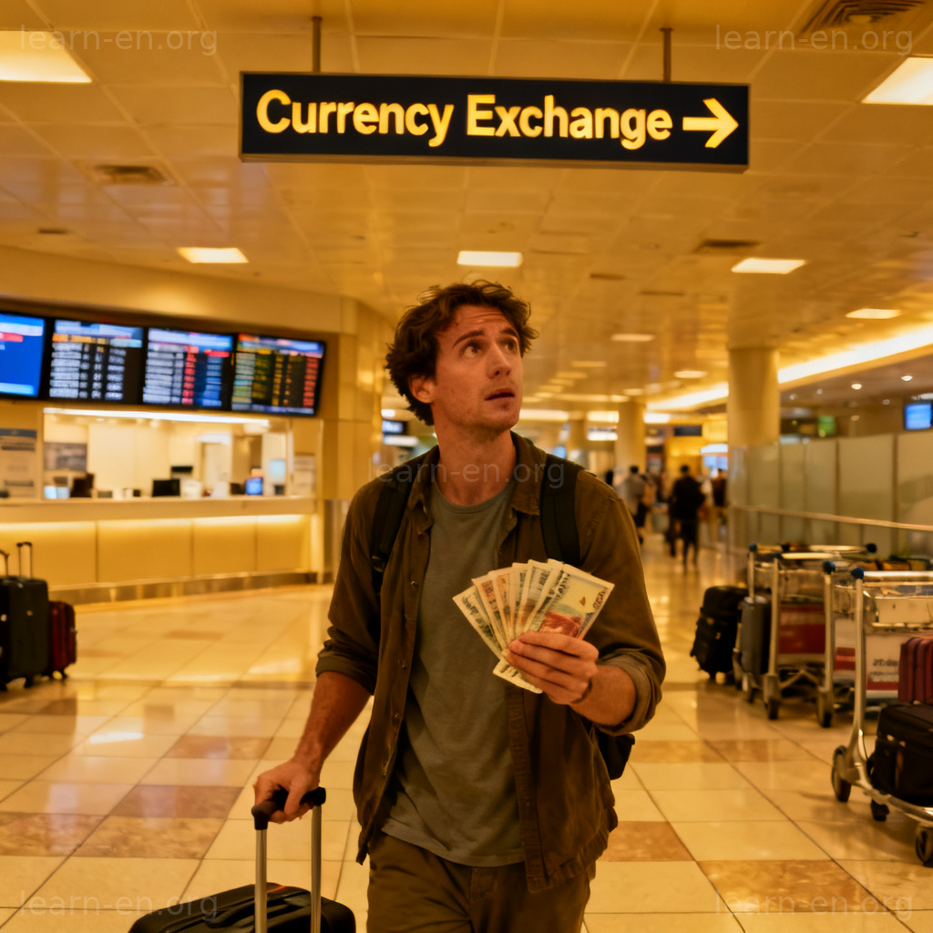 Where can I exchange currency 场景图解：旅客在机场寻找货币兑换处