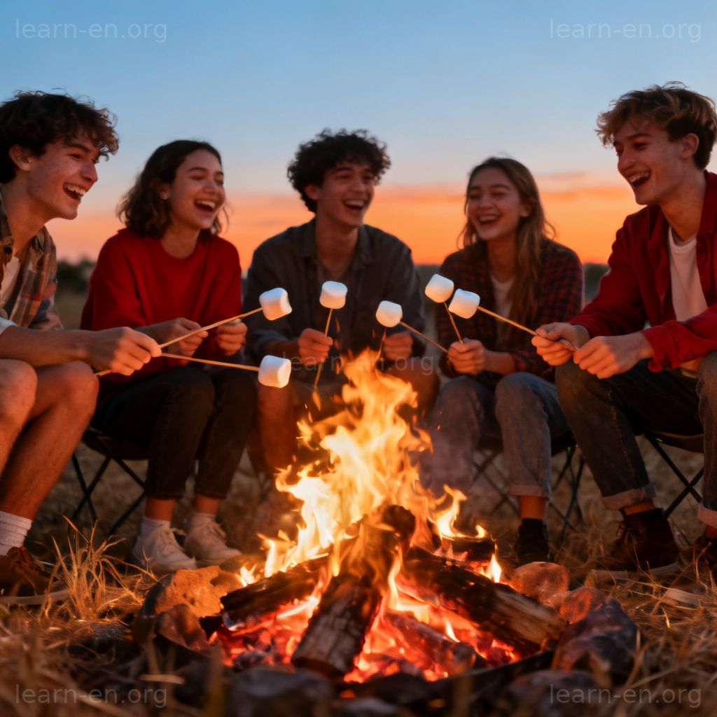 Who wants to roast marshmallows 图解：朋友围坐篝火烤棉花糖的温馨场景