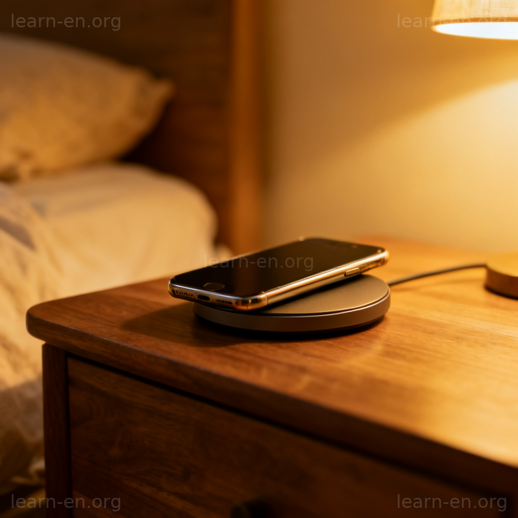 Wireless Charging 无线充电图解：手机置于充电板上，无电缆连接