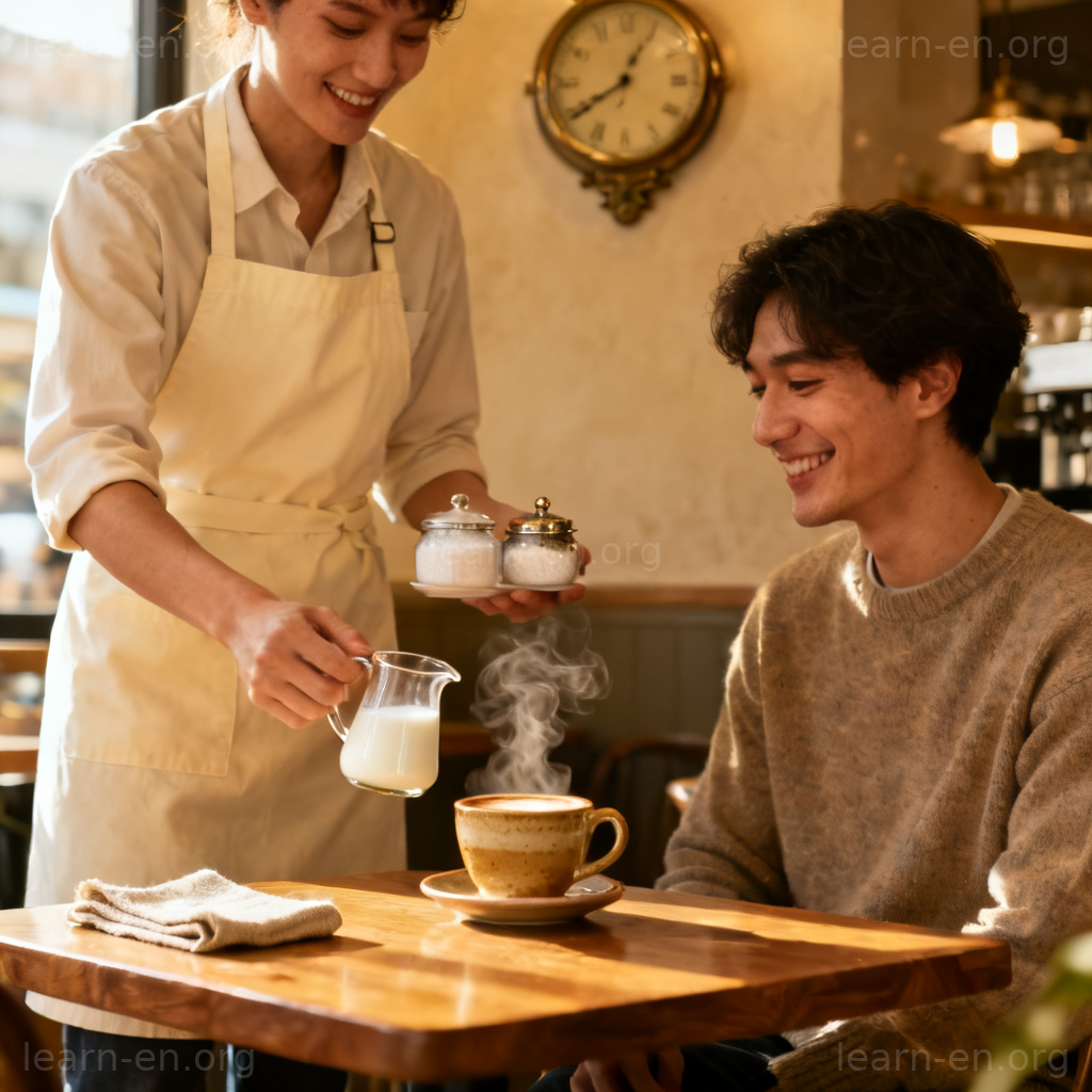 Would you like any milk or sugar with that 咖啡厅服务场景图解
