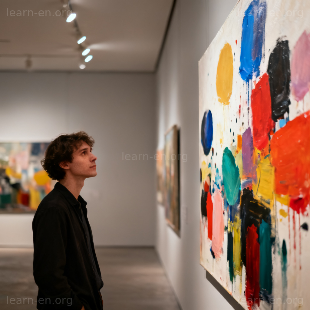 abstraction 抽象性场景：人物在现代艺术画廊中欣赏抽象画作