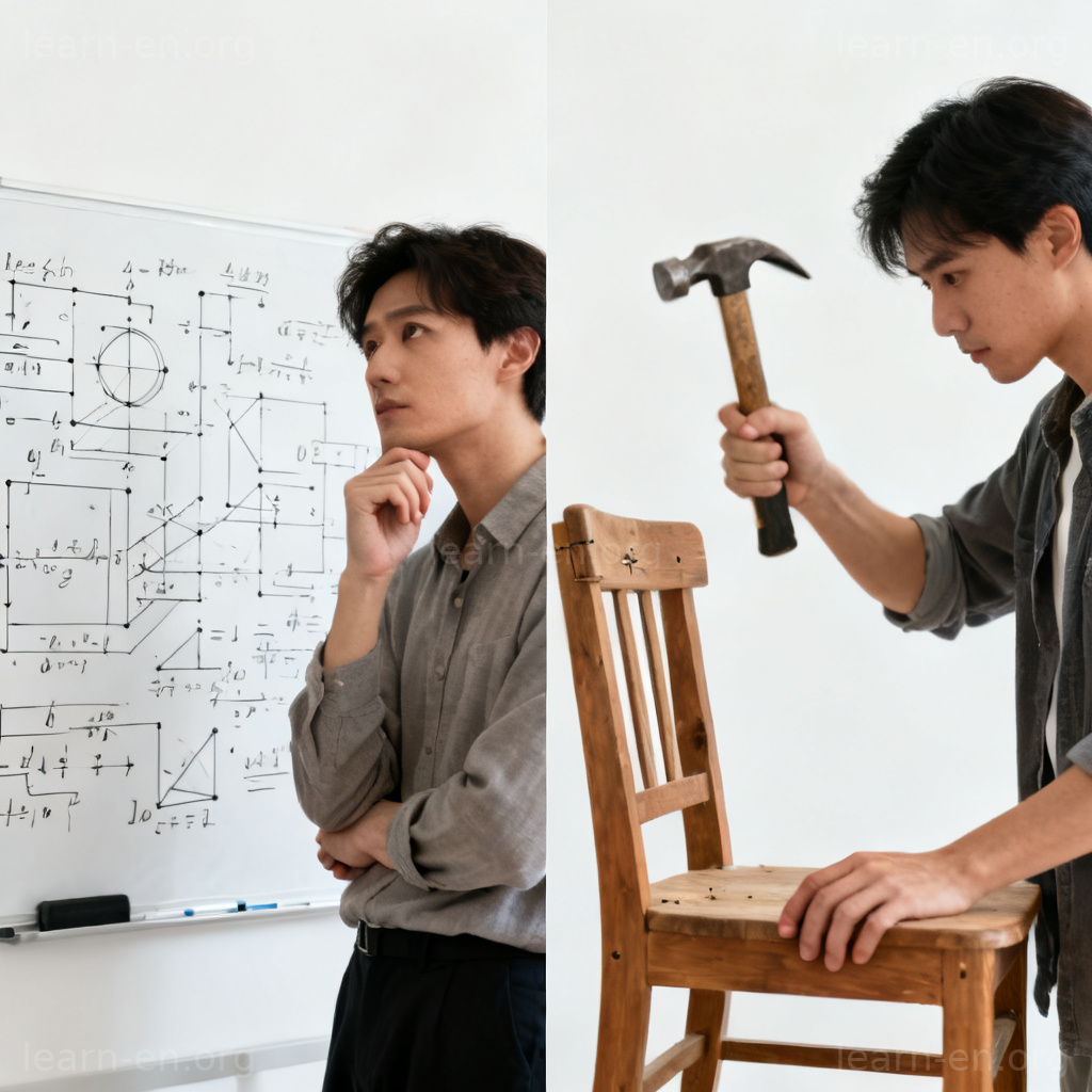 academic 含义图解：理论思考与实际操作的对比场景