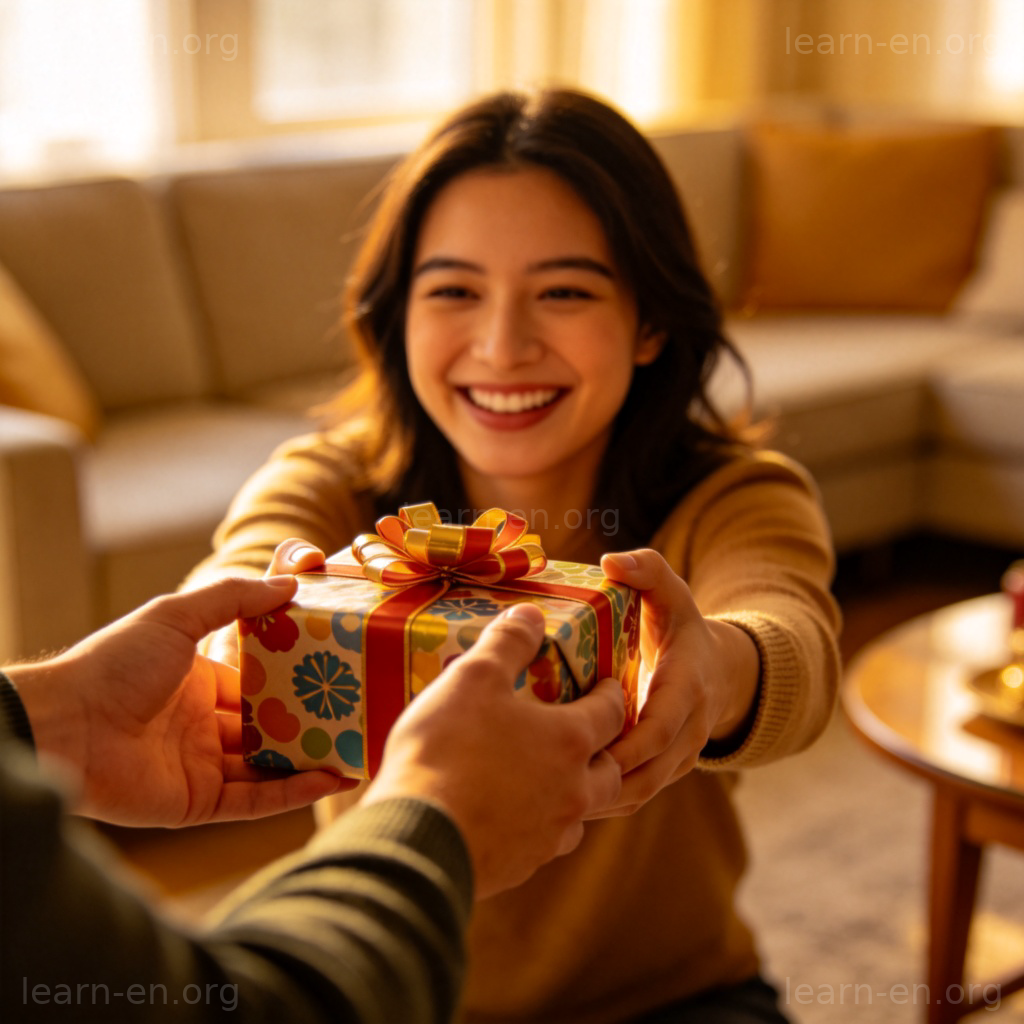 accept 接收含义图解：双手欣然接受礼物的场景