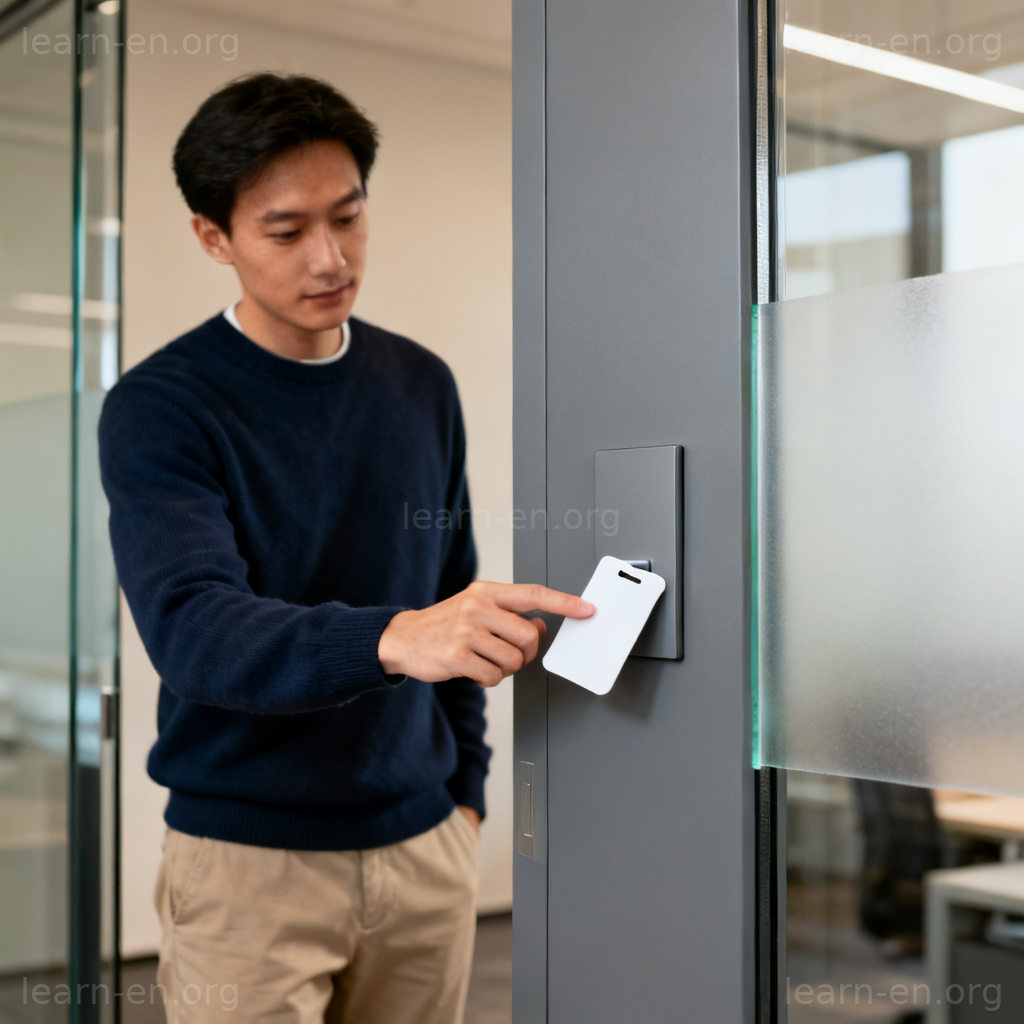 access card 门禁卡图解：员工刷卡进入办公楼的场景