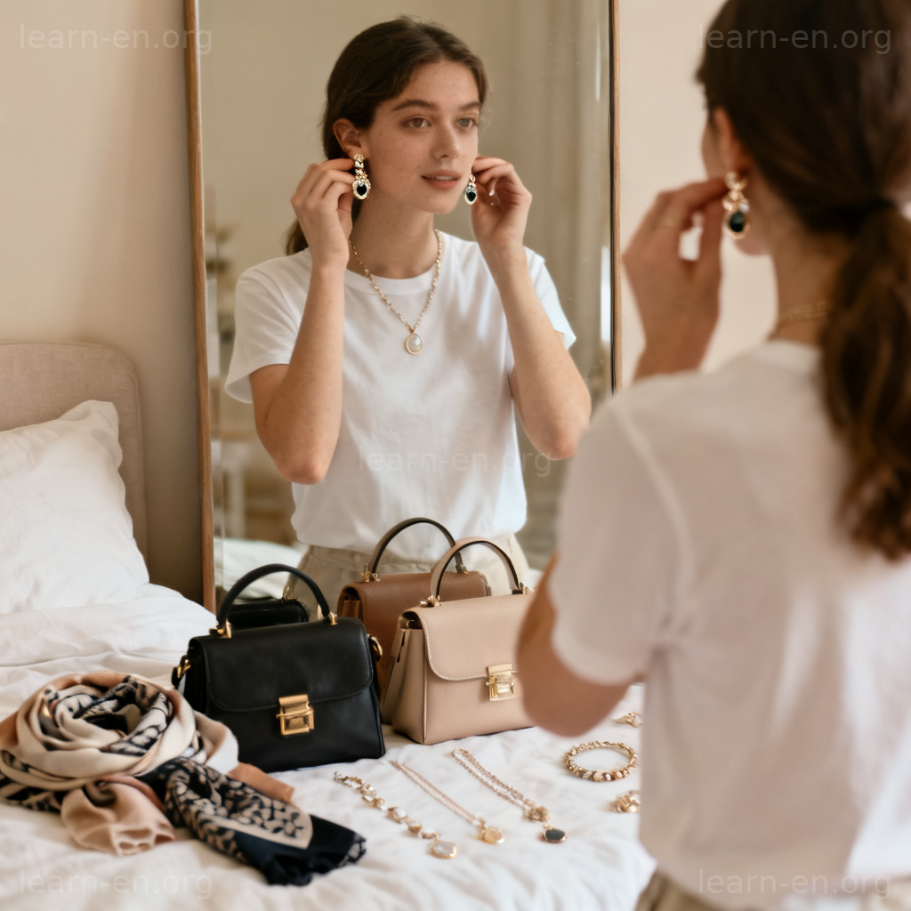 accessory 配饰含义图解：女性在镜子前试戴耳环和项链