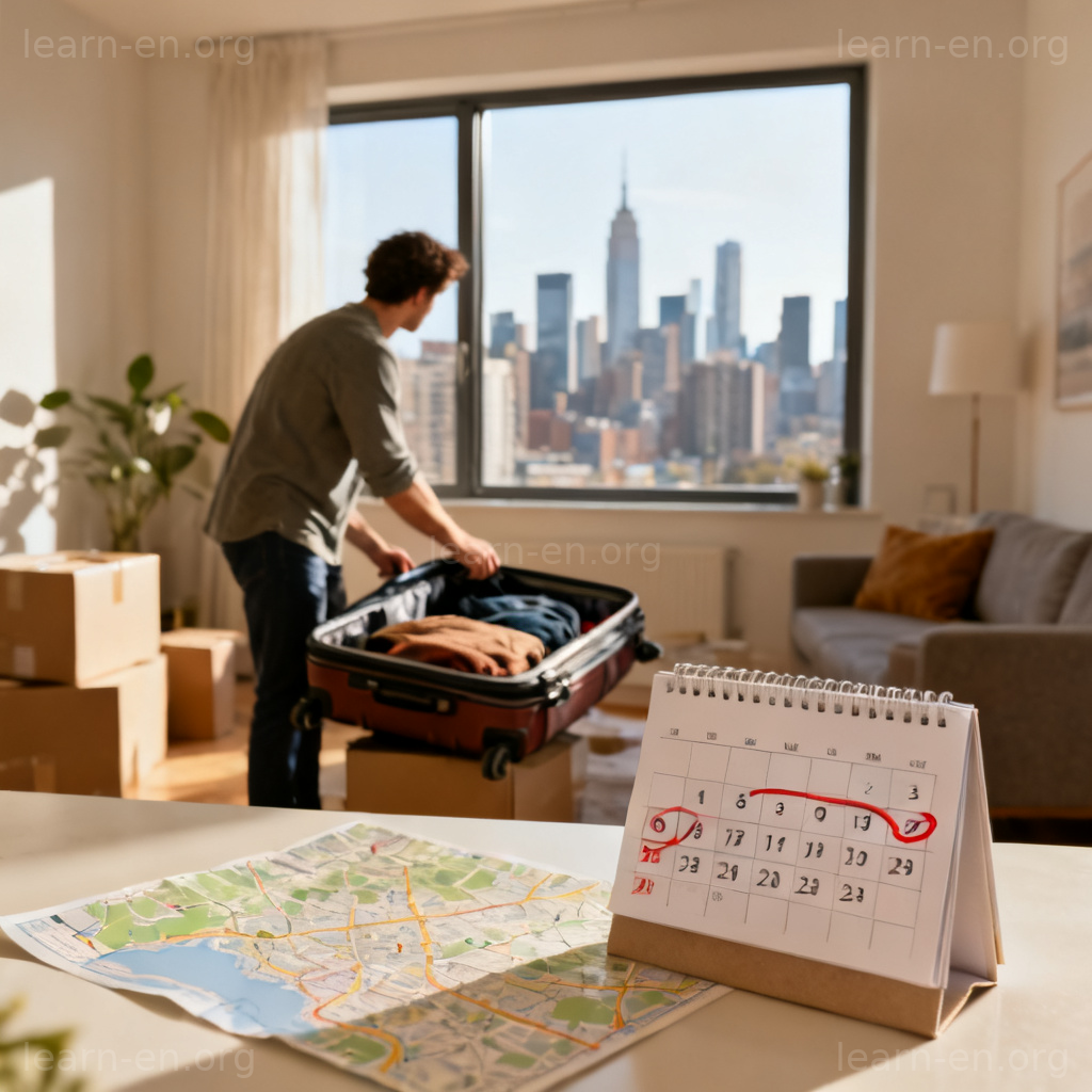 acclimatize 适应新环境图解：人物在新公寓整理行李，望向窗外城市