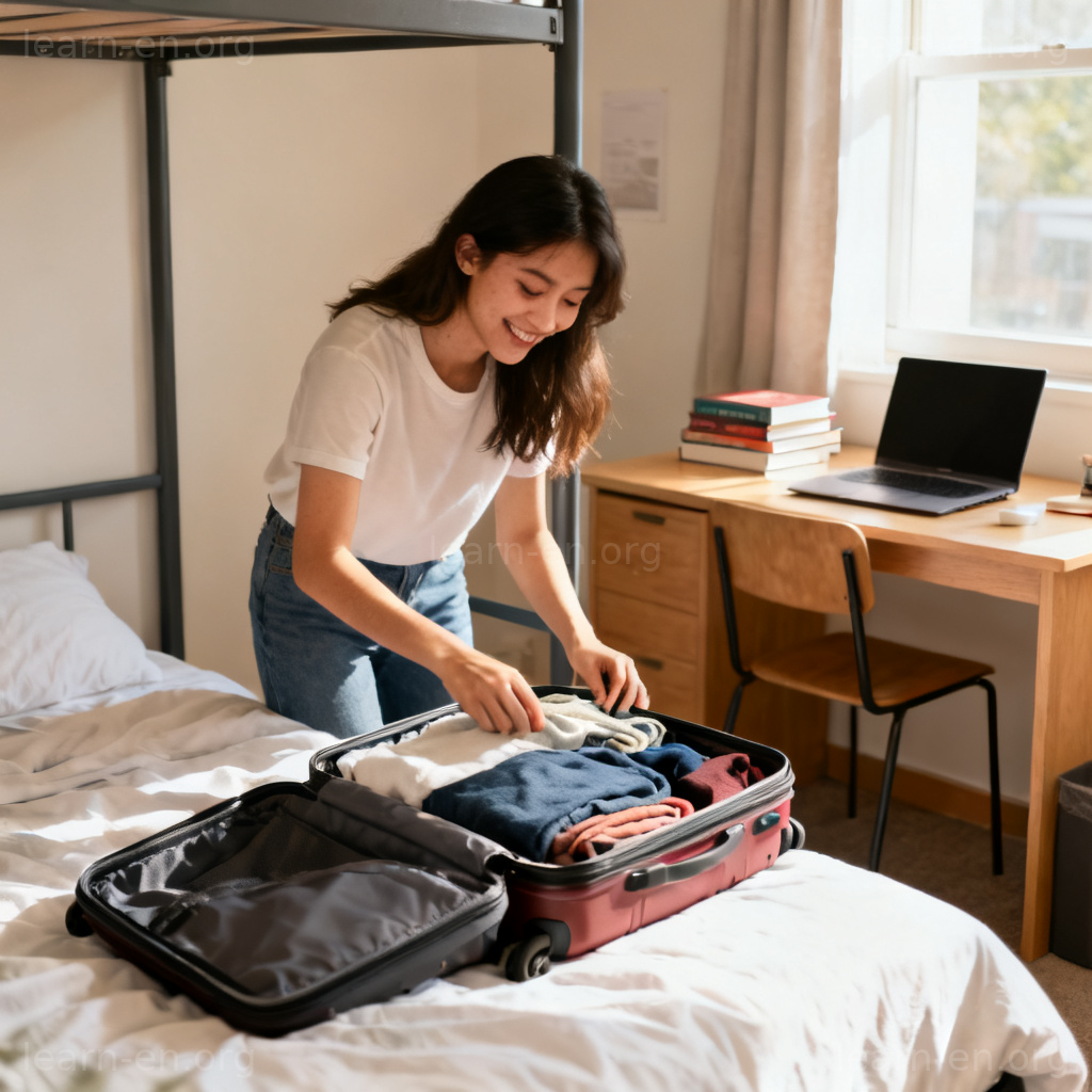 accommodation 住宿含义图解：大学生在明亮宿舍整理行李
