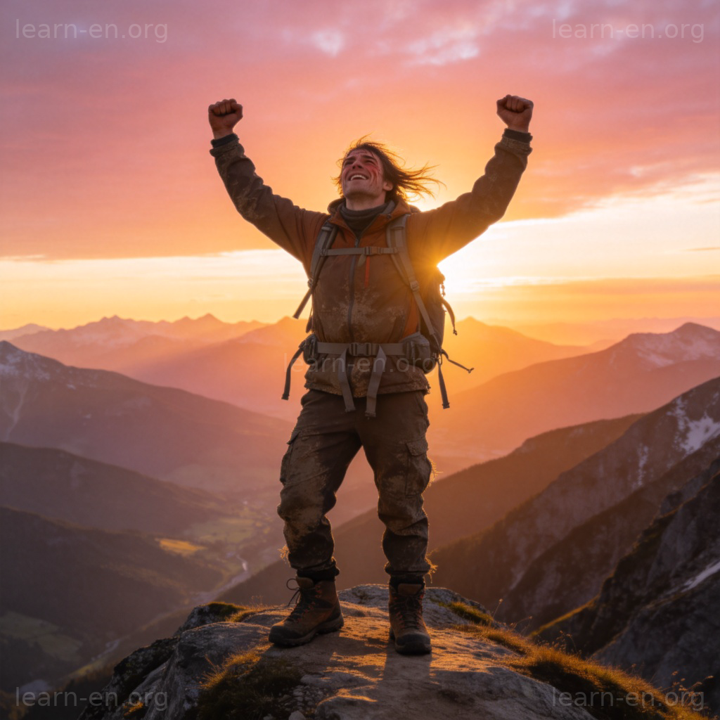 achieve 实现目标图解：登山者站在山顶庆祝成功