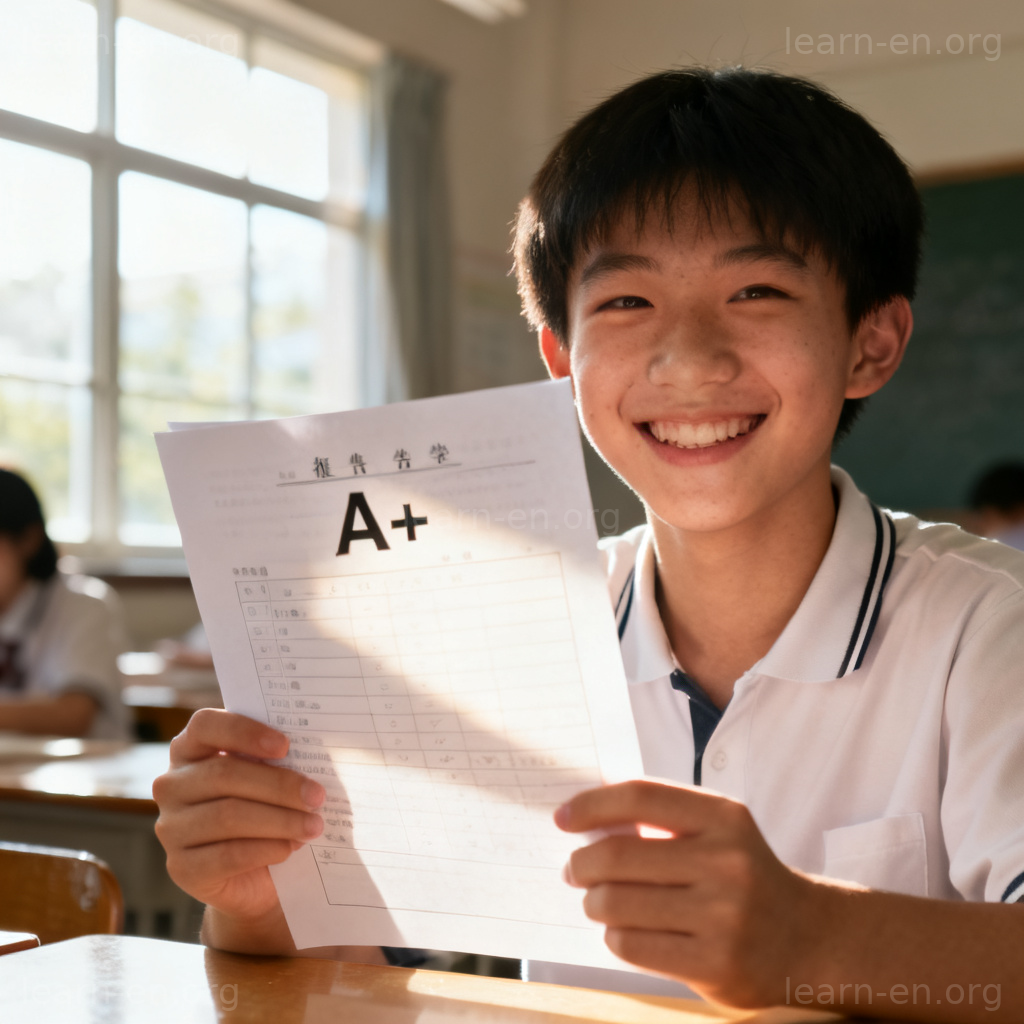 achievement 成就图解：学生手持A+成绩单的喜悦场景