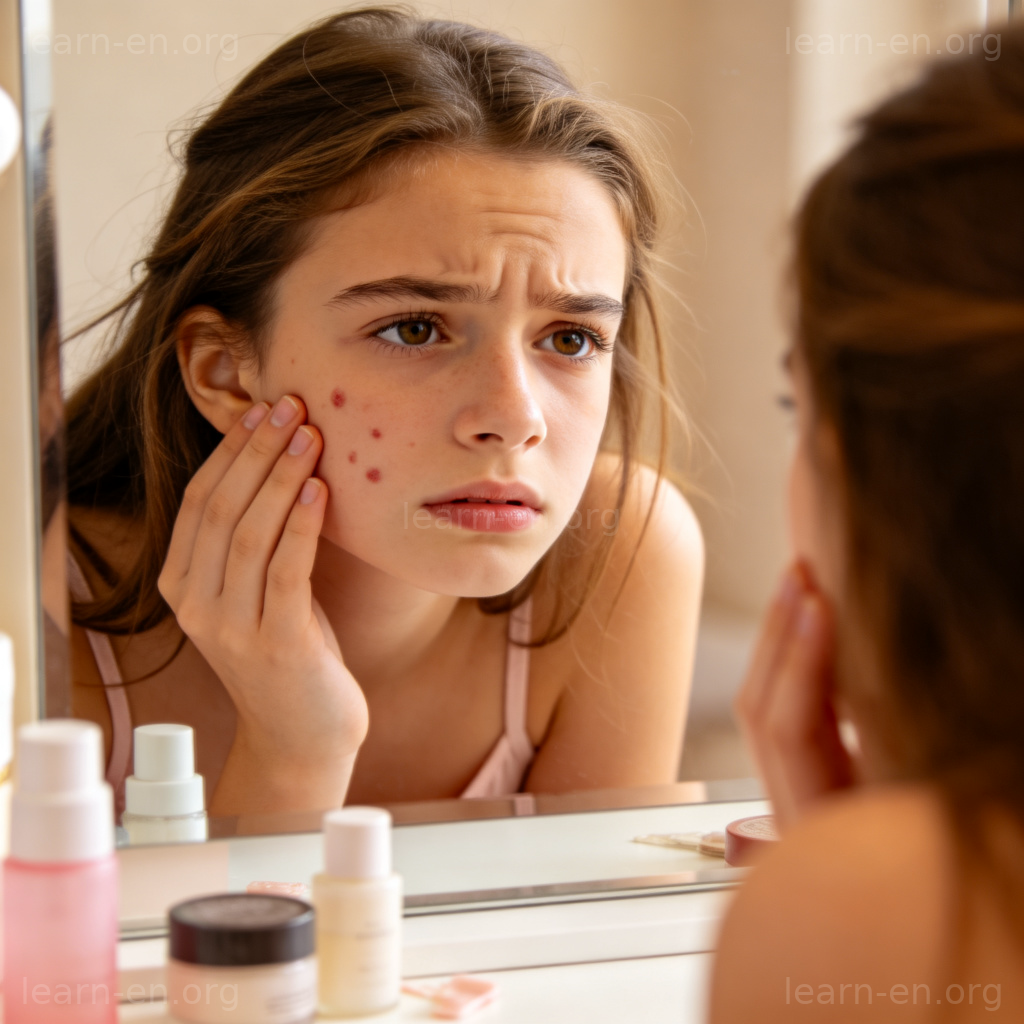 Acne 粉刺图解：少女照镜子查看脸颊红色小疙瘩的场景