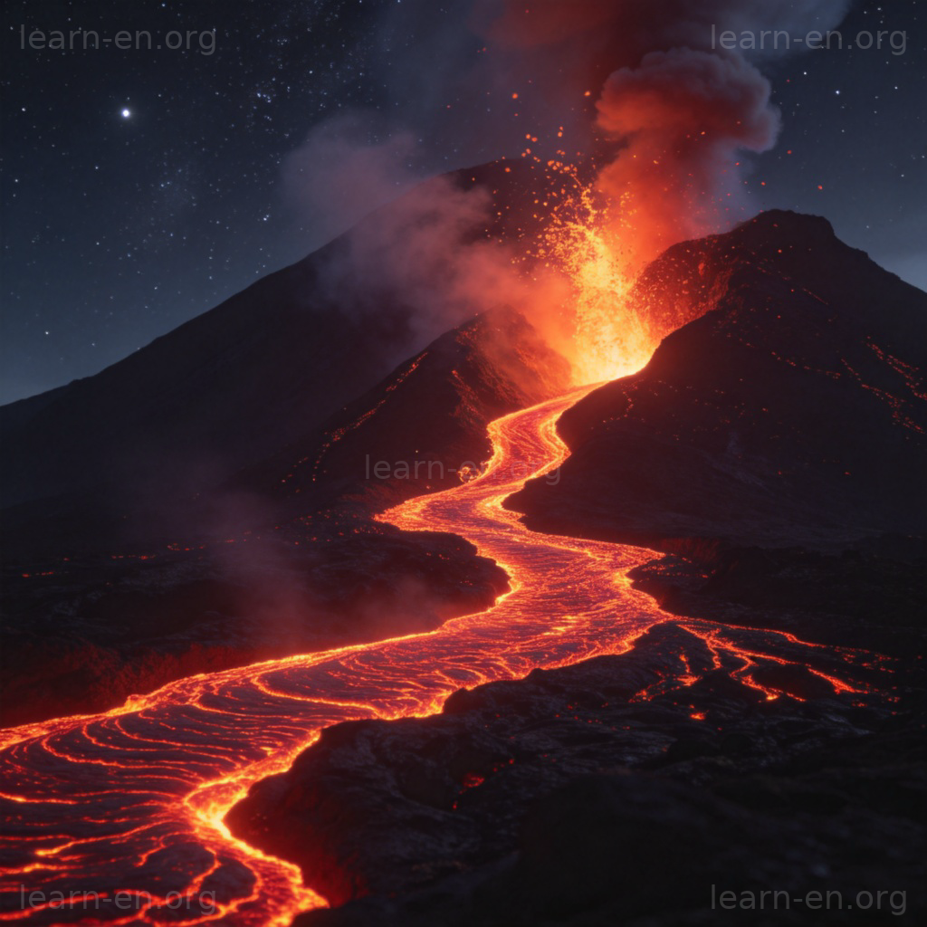 active 含义图解：夜晚活跃火山喷发熔岩的壮观景象