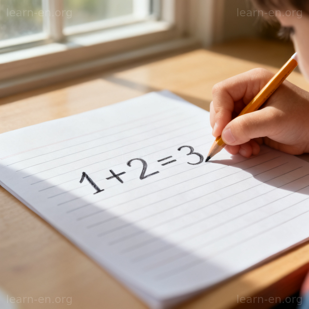 addition 加法图解：儿童手写算式 1+2=3