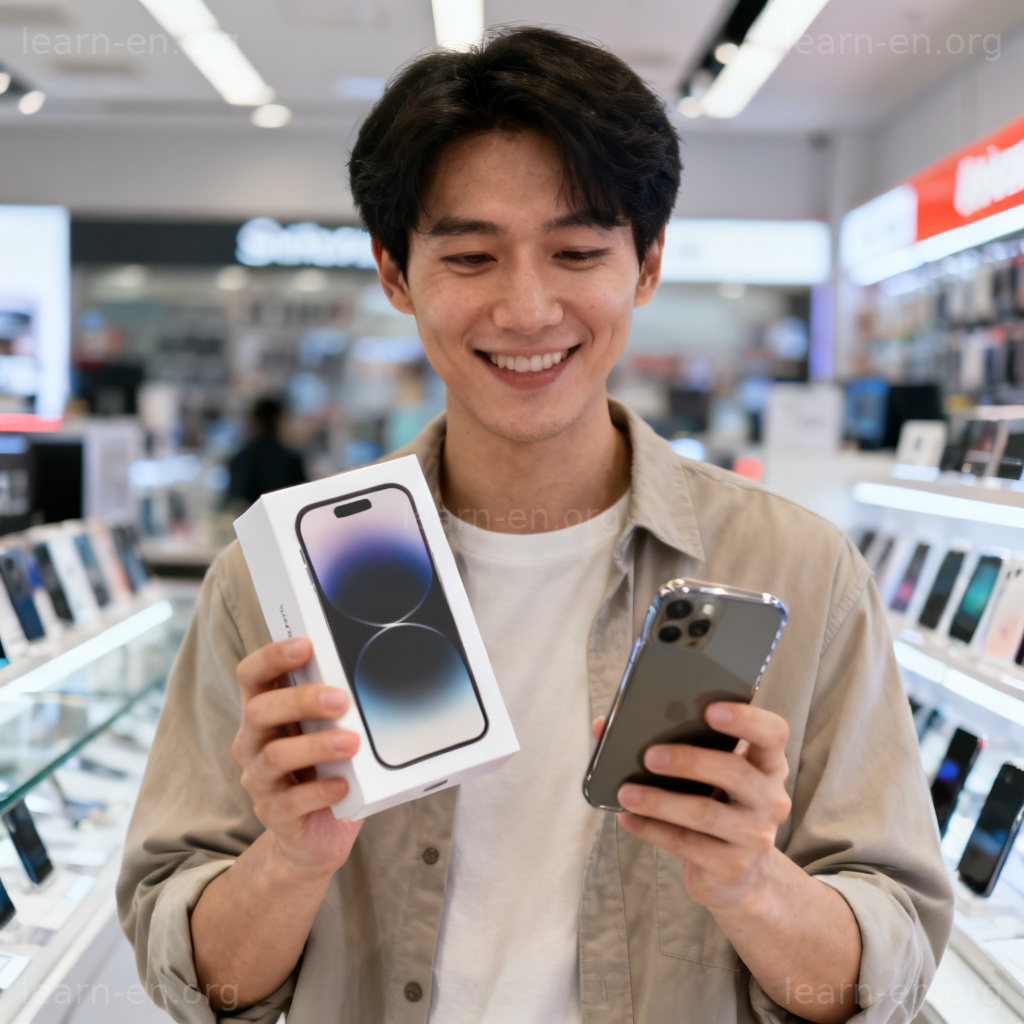 adopt 采用含义图解：人物在商店选择新手机