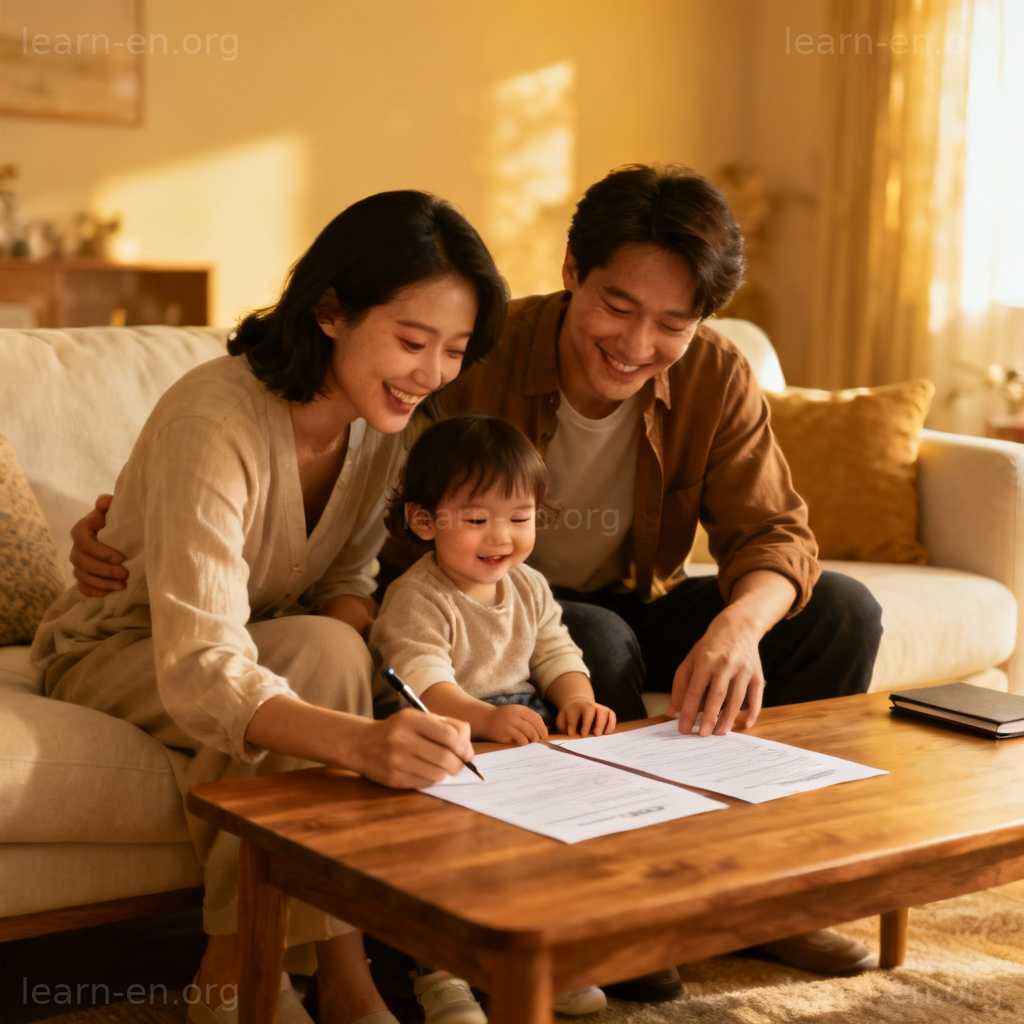 adopt 收养含义图解：温馨家庭签署收养文件场景