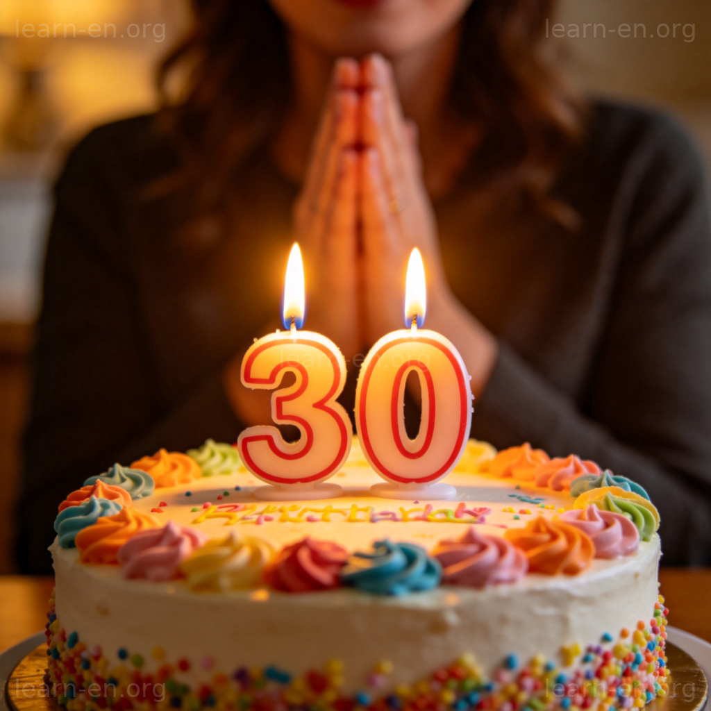 age 年龄含义图解：庆祝30岁生日的生日蛋糕与蜡烛