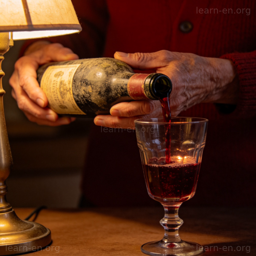 age 变老含义图解：从陈年酒瓶向酒杯倒酒的过程