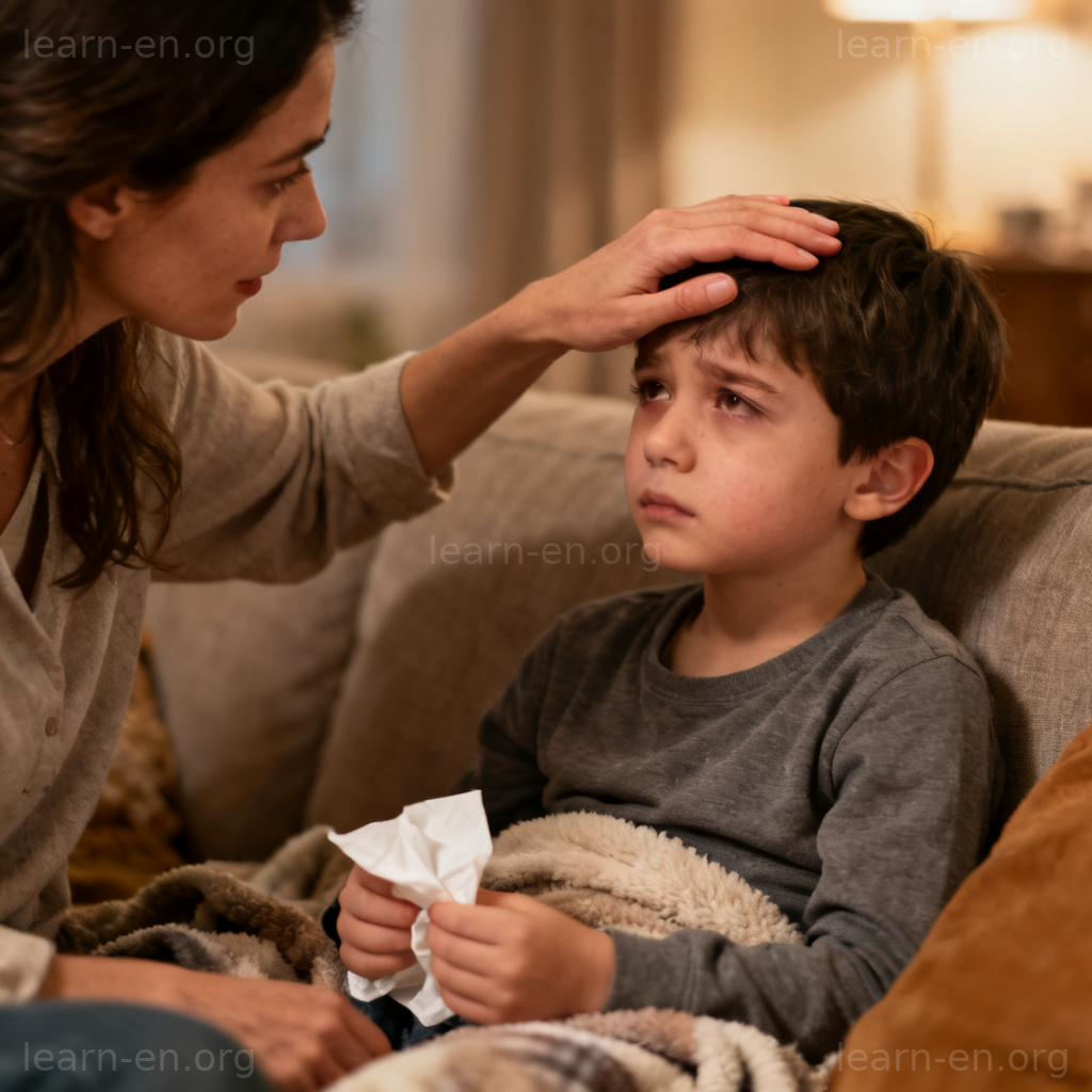 ailment 小病图解：母亲在家温柔抚摸孩子额头测体温