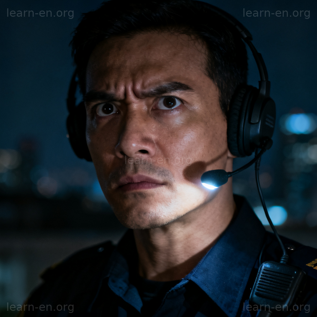 alert 形容词图解：夜间保安警觉专注的表情