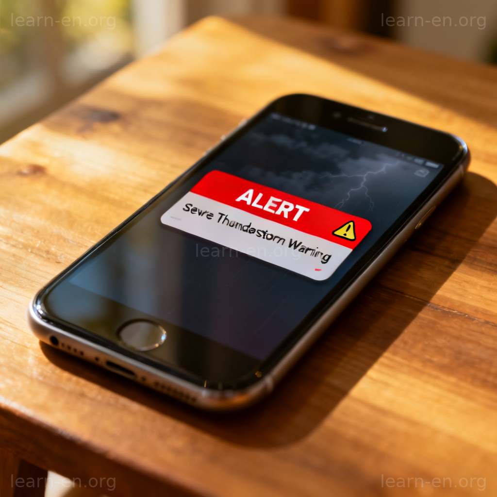 alert 名词图解：手机屏幕上显示的红色风暴警报