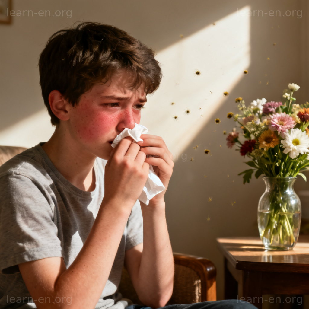 allergic 过敏含义图解：人物对花粉过敏打喷嚏
