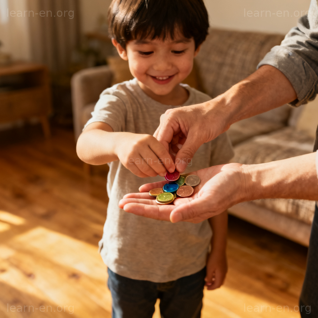 allowance 零用钱图解：孩子从家长手中接过硬币