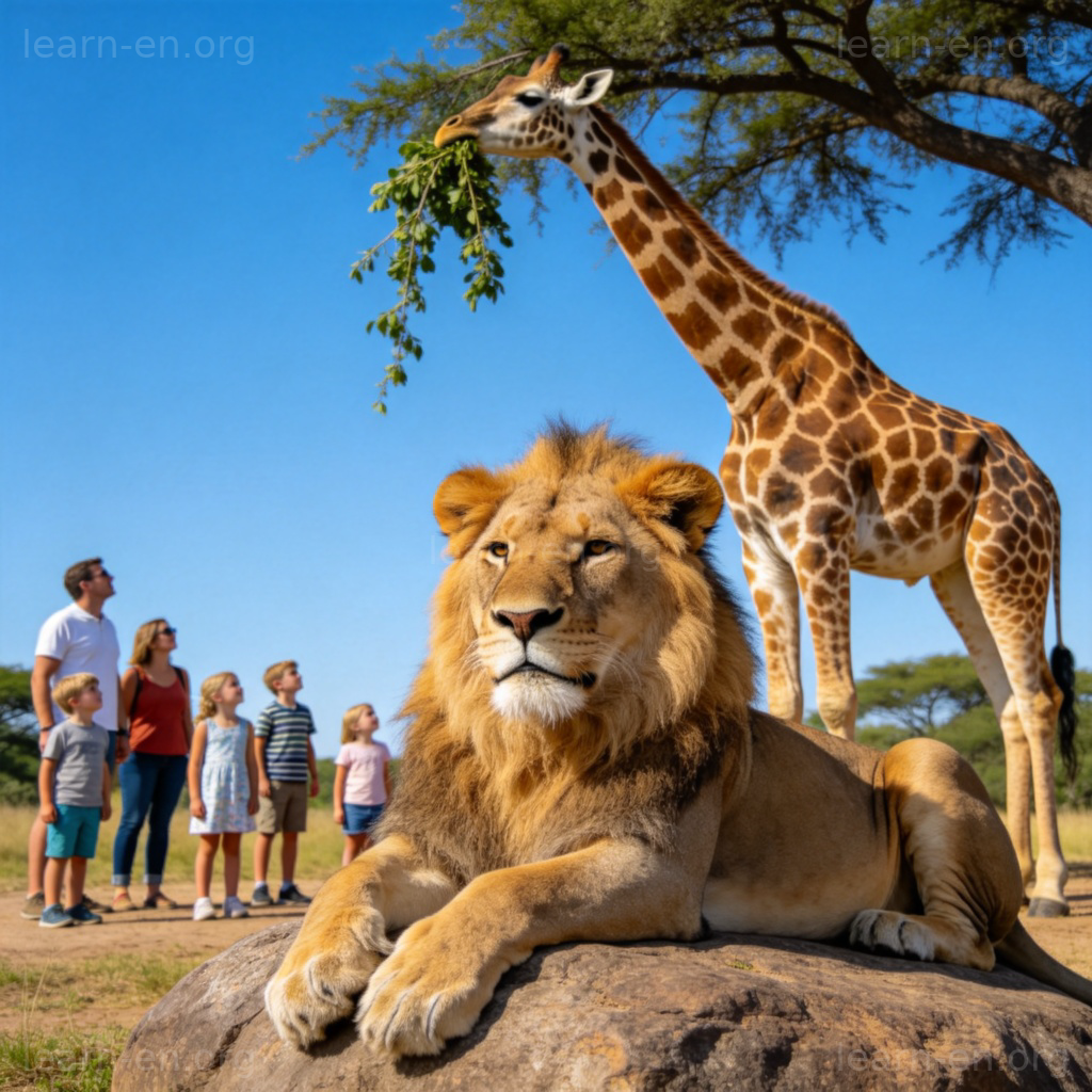 animal 动物图解：动物园中狮子与长颈鹿的生动场景