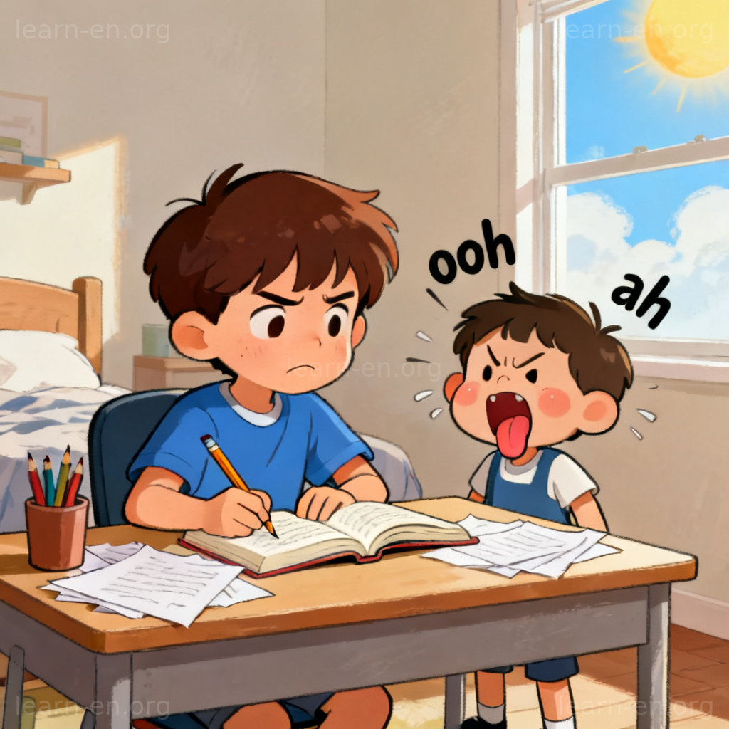 Annoying 含义图解：弟弟捣乱让哥哥无法专心学习的卡通场景