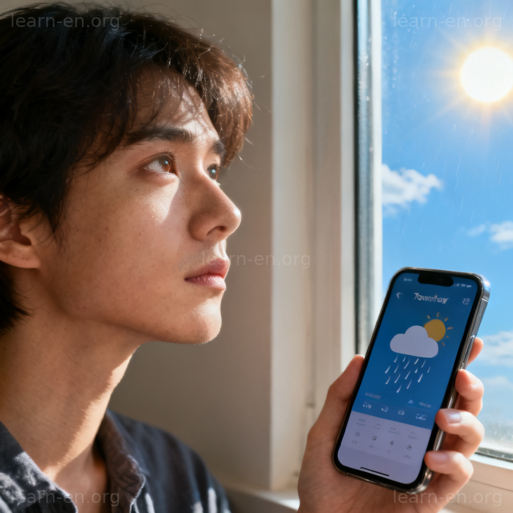 anticipate 预料含义图解：人物查看天气预报并思考