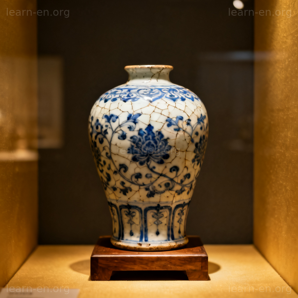 antique 含义图解：博物馆中展示的古老中国青花瓷瓶