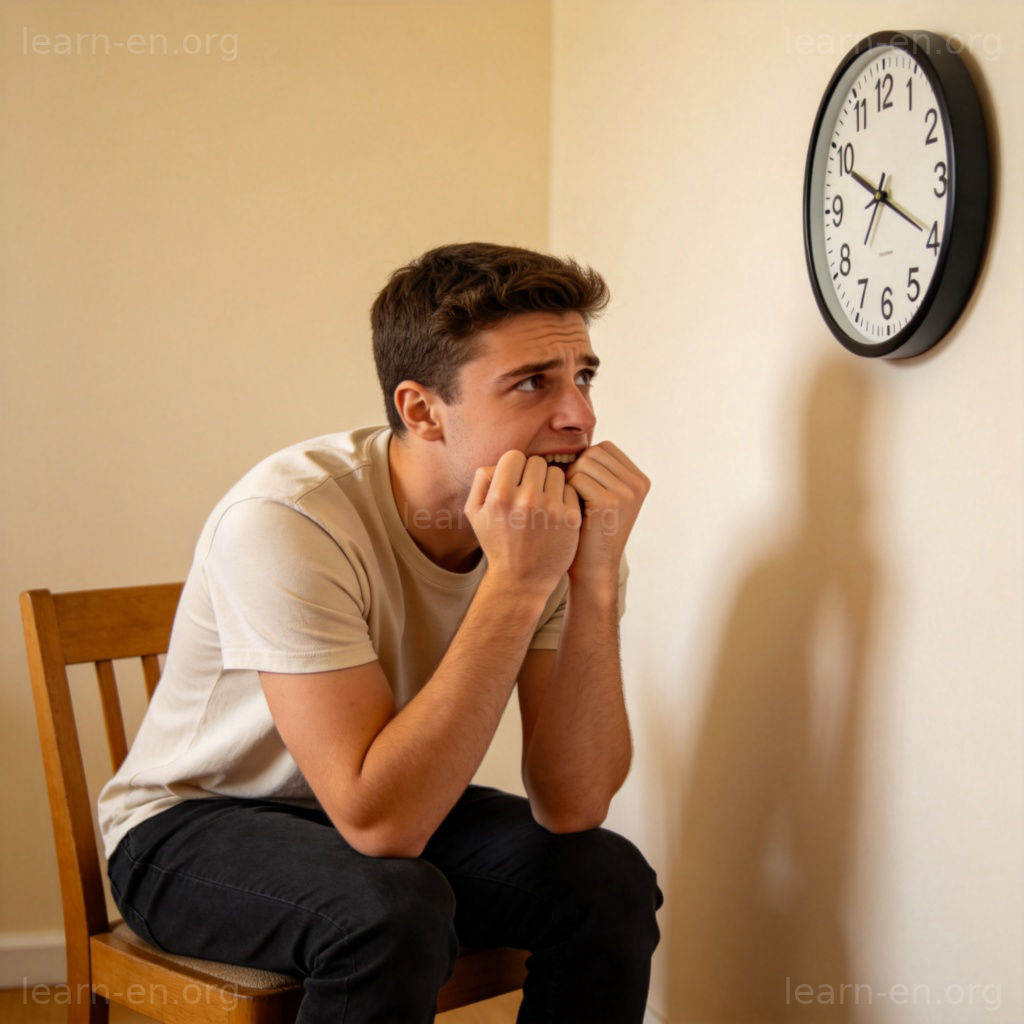 anxiety 焦虑图解：紧张看时钟咬指甲的年轻人