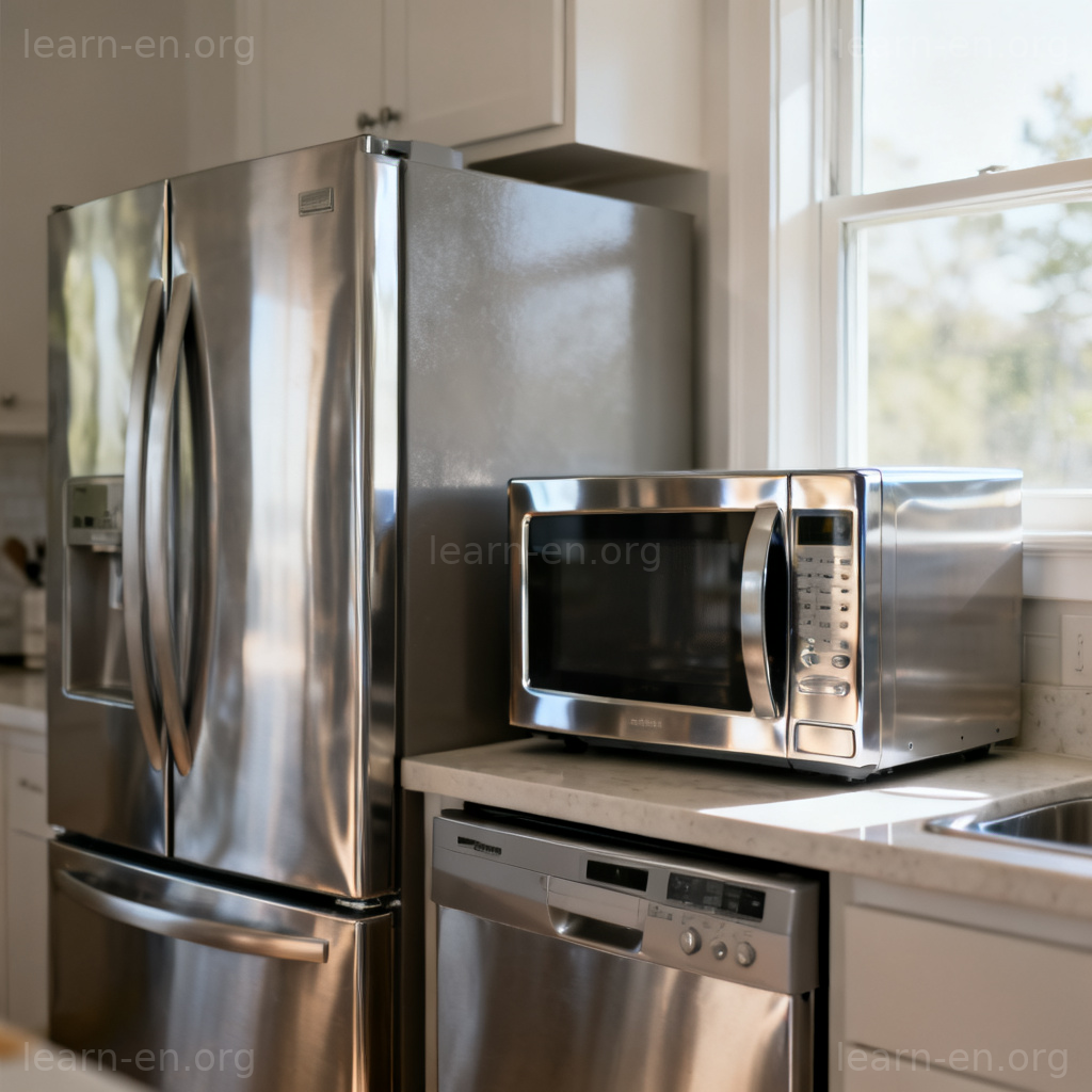 appliance 图解：现代厨房家电场景，包含冰箱、微波炉
