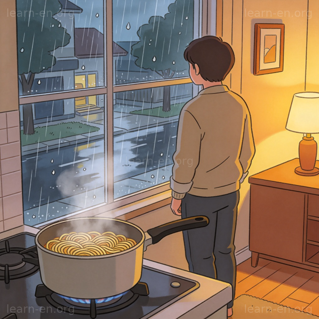as表示原因图解：窗外下雨与屋内煮面的因果关系场景